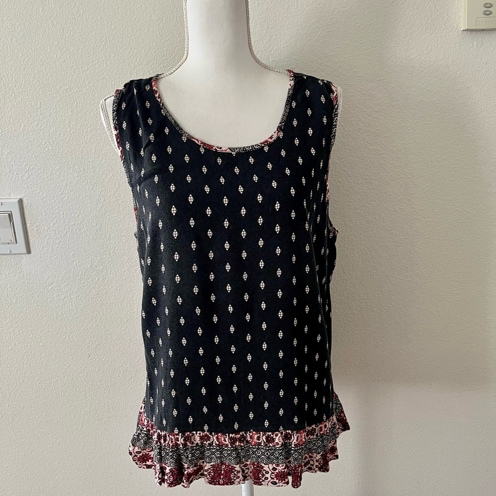Knox Rose Black Sleeveless Tank with Red Patterned Ruffle Hem